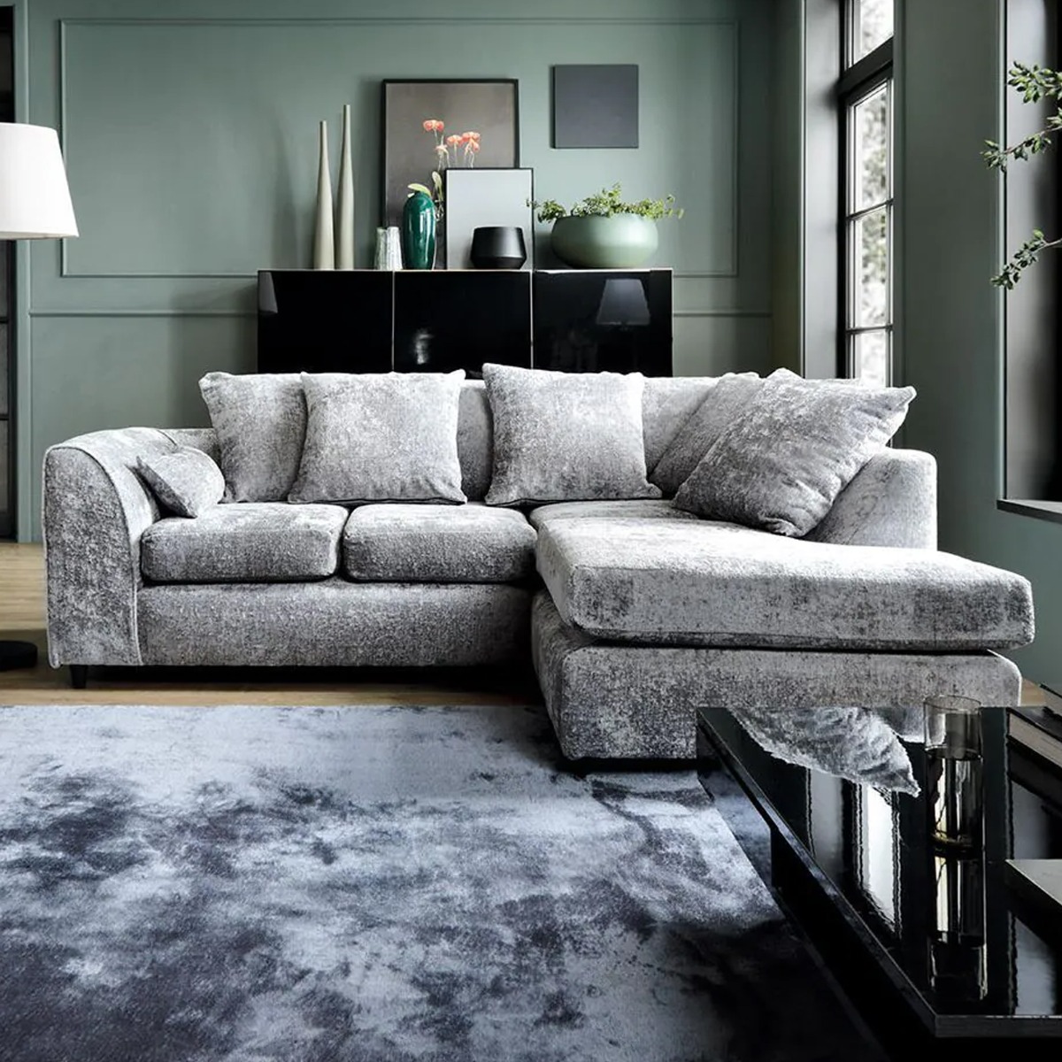 Corner Sofa - HENRY Crushed Chenille Fabric 4 Seater L-Shaped Sofa Right Hand Facing - Light Grey - Sofa Central