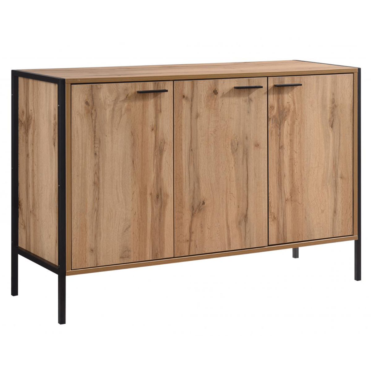 Wenatchee 3-Door Oak Effect Shoe Cabinet with Black Metal Frame - Stylish Storage - Sigrid Mills