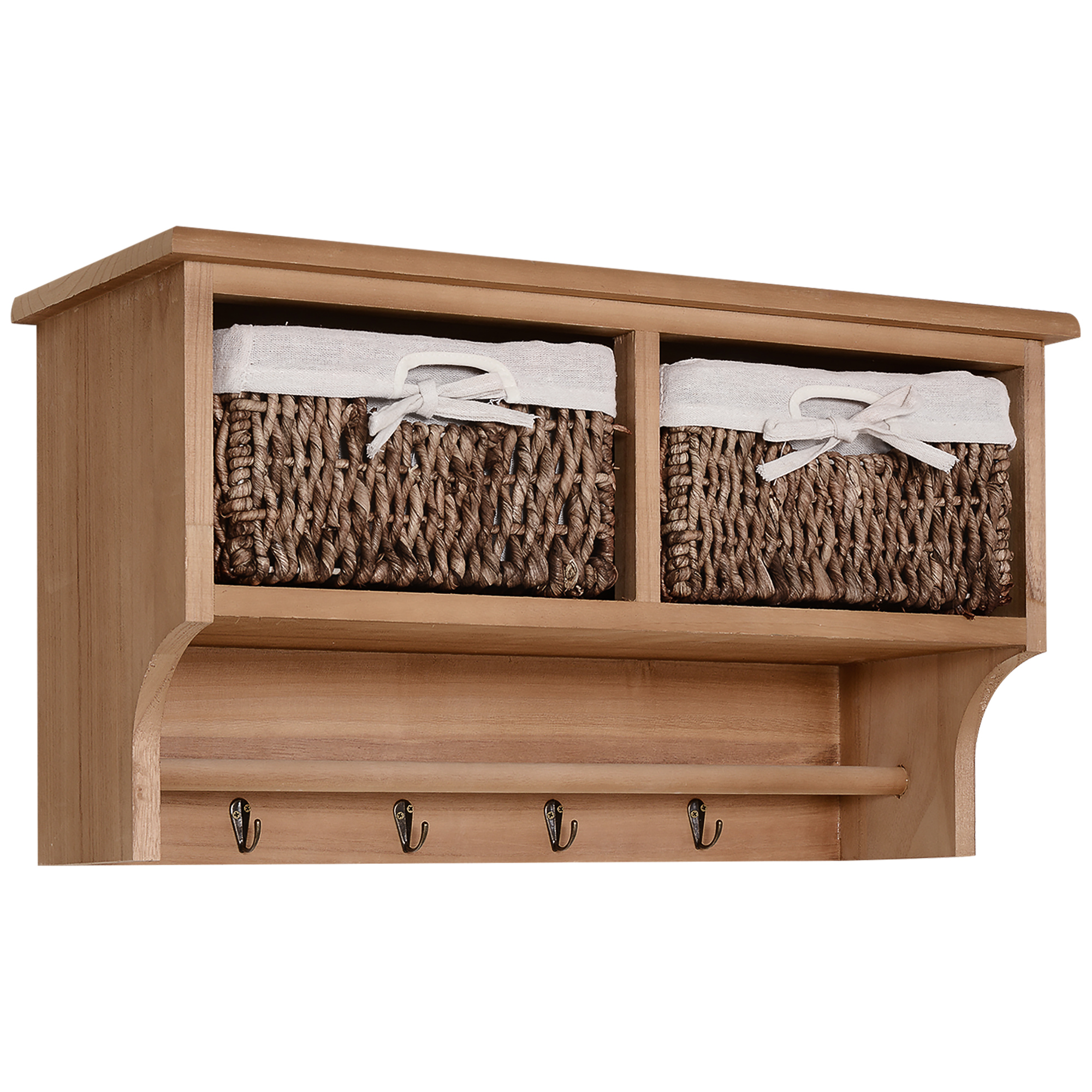 Entryway Coat Rack Wall Mounted Shelf w/ Wicker Basket and Hooks (2 Baskets, Brown) - Life Essentials