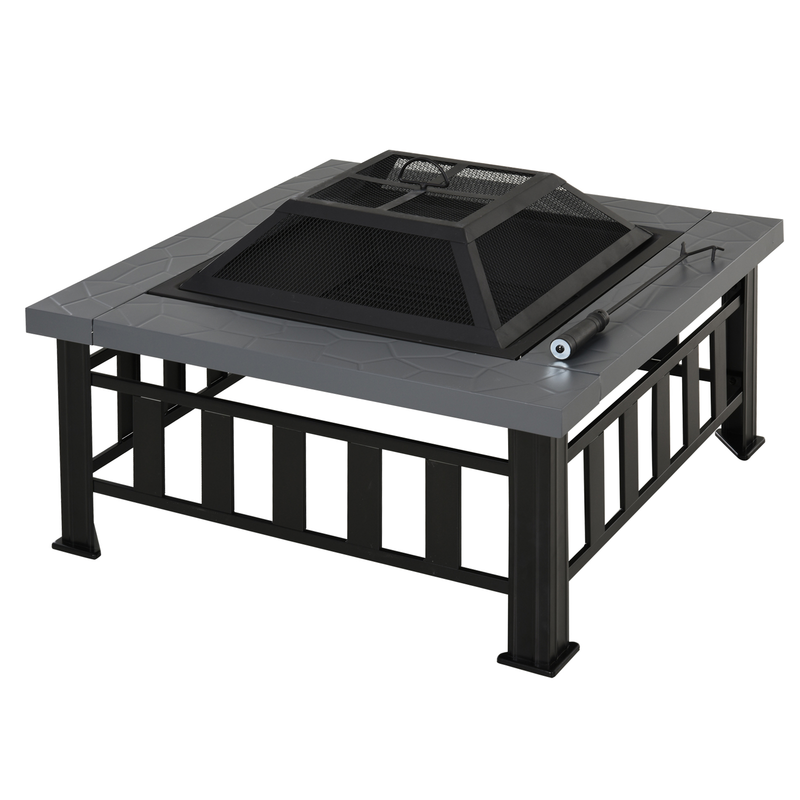 Metal Large Firepit Outdoor Square Fire Pit Brazier w/ Rain Cover, Lid, Log Grate for Backyard, Camping, BBQ, Bonfire, 86 x 86 x 54cm, Black - Life 
