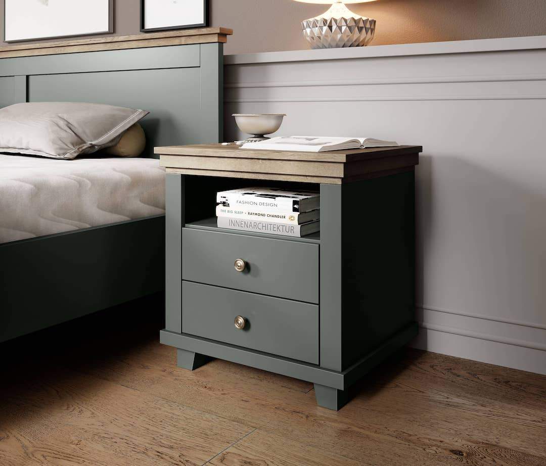 Bedside Table - PORTUGAL 2 Drawer Nightstand Green and Oak Lefkas 52cm - Art Nest