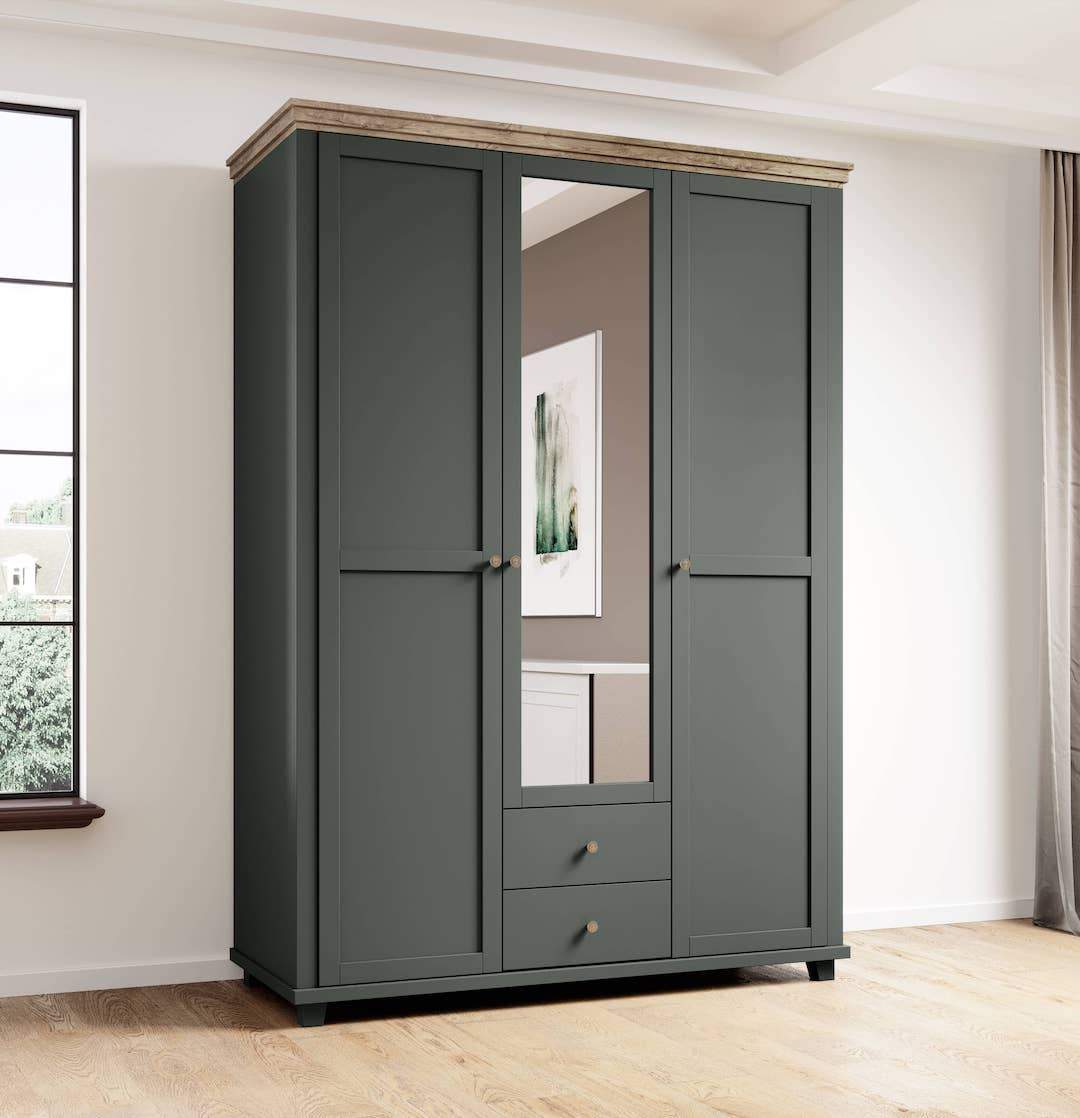Wardrobe - EPSOM 3 Door Mirrored Wardrobe Green and Oak Lefkas 154cm - Art Nest