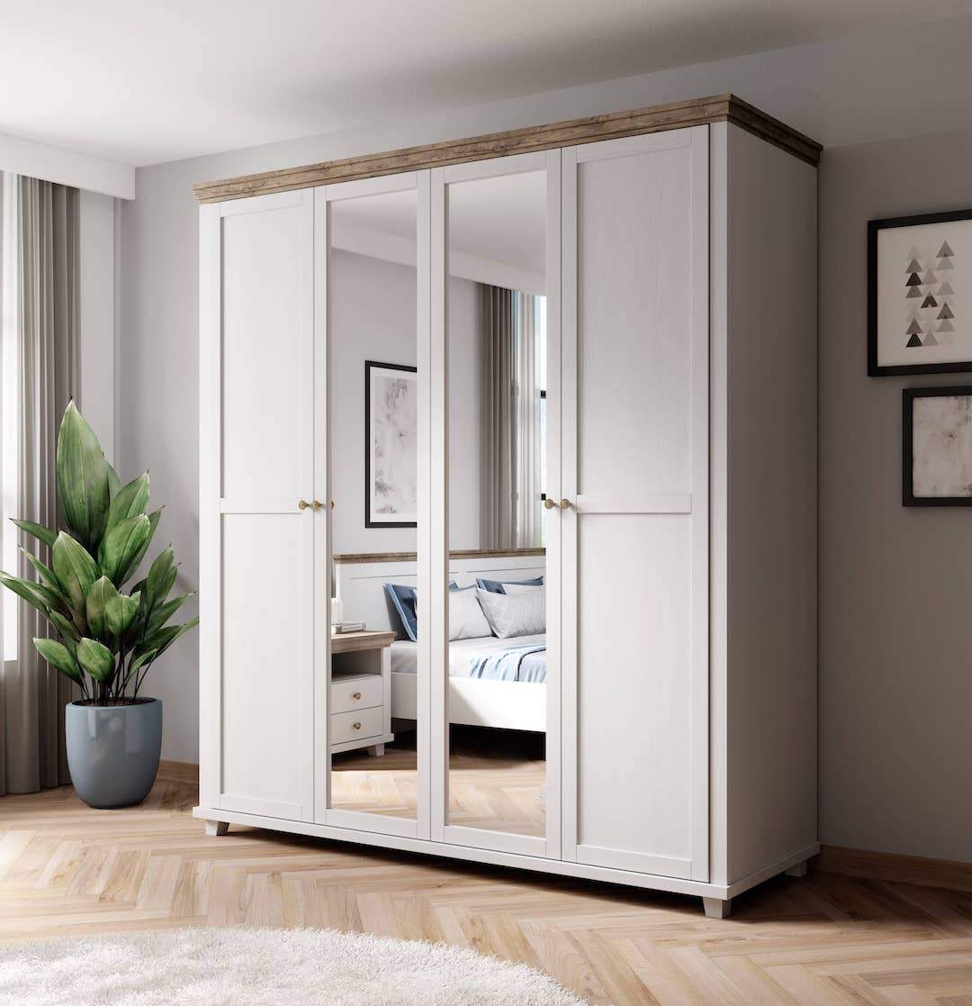 Wardrobe - EPSOM 4 Door Mirrored Wardrobe White and Oak Lefkas 200cm - Art Nest