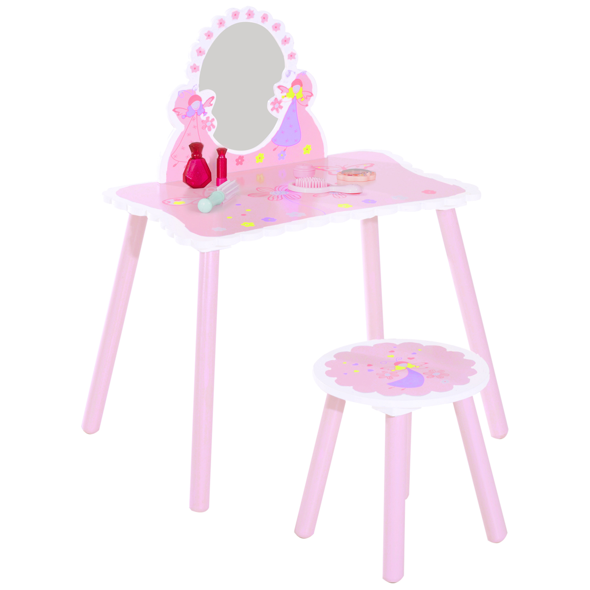 Kids Dressing Table with Stool - Wooden Mirror Fairy Design - Pink