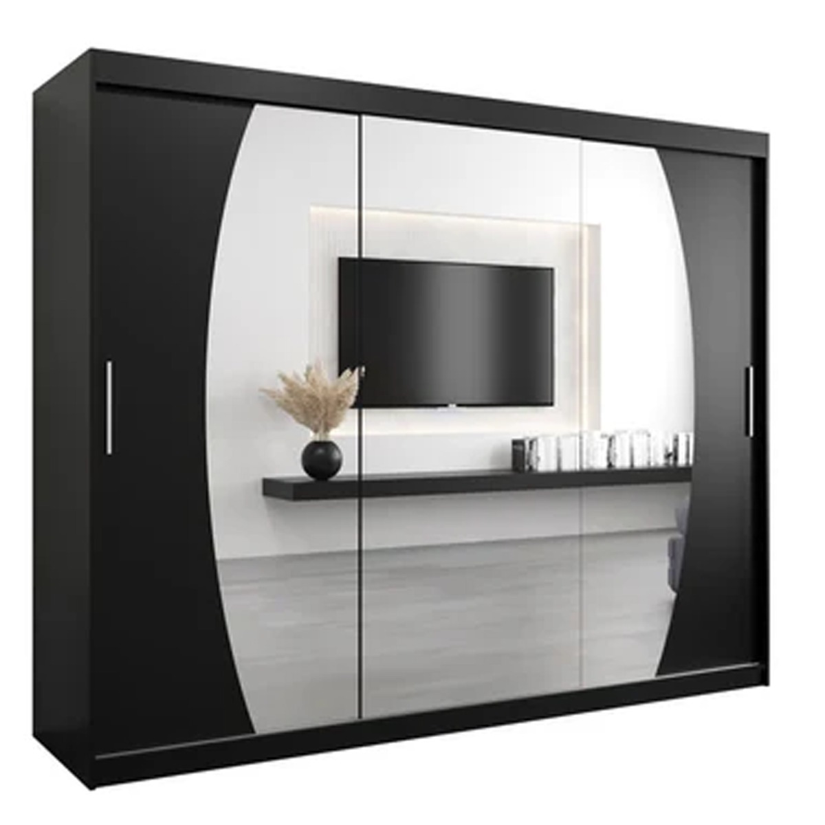Sliding Wardrobe - WRIGHT 3 Door Mirrored Wardrobe Black 250cm - Art Nest