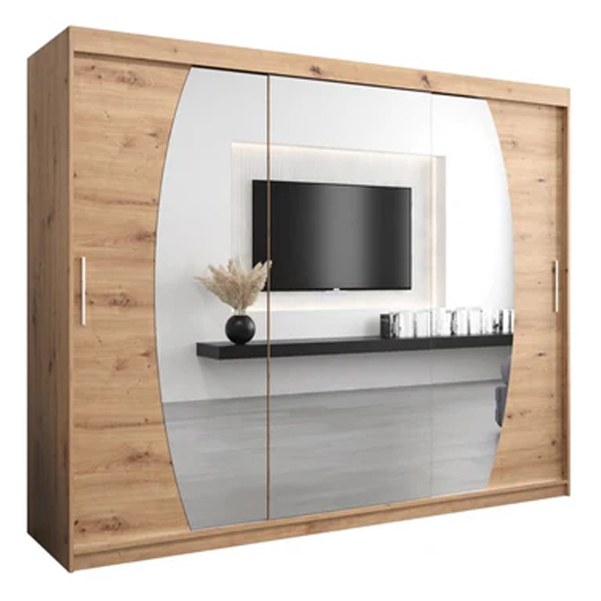 Sliding Wardrobe - WRIGHT 3 Door Mirrored Wardrobe Oak Artisan 250cm - Art Nest