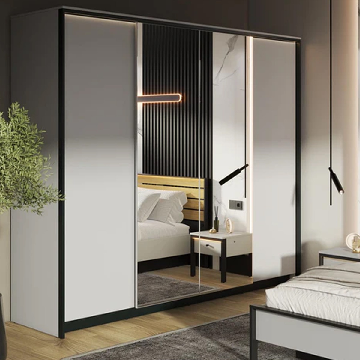 Wardrobe - GUARDA 4 Door Mirrored Wardrobe Grey 250cm - Art Nest