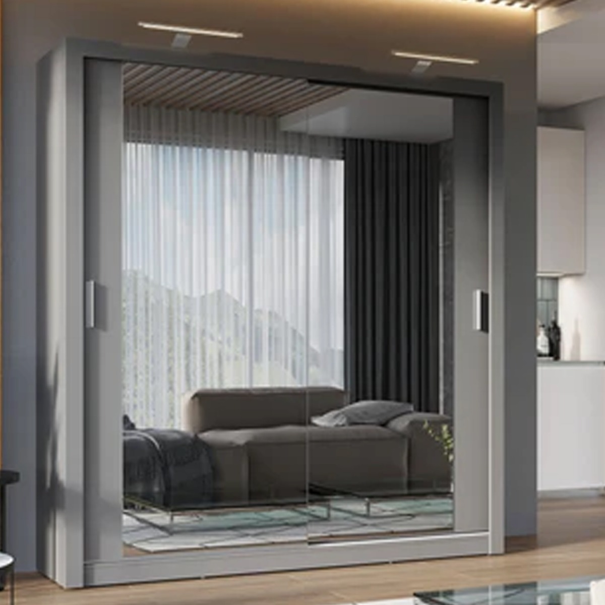 Sliding Wardrobe - INNISFAIL 2 Door Mirrored Wardrobe Grey 200cm - Art Nest