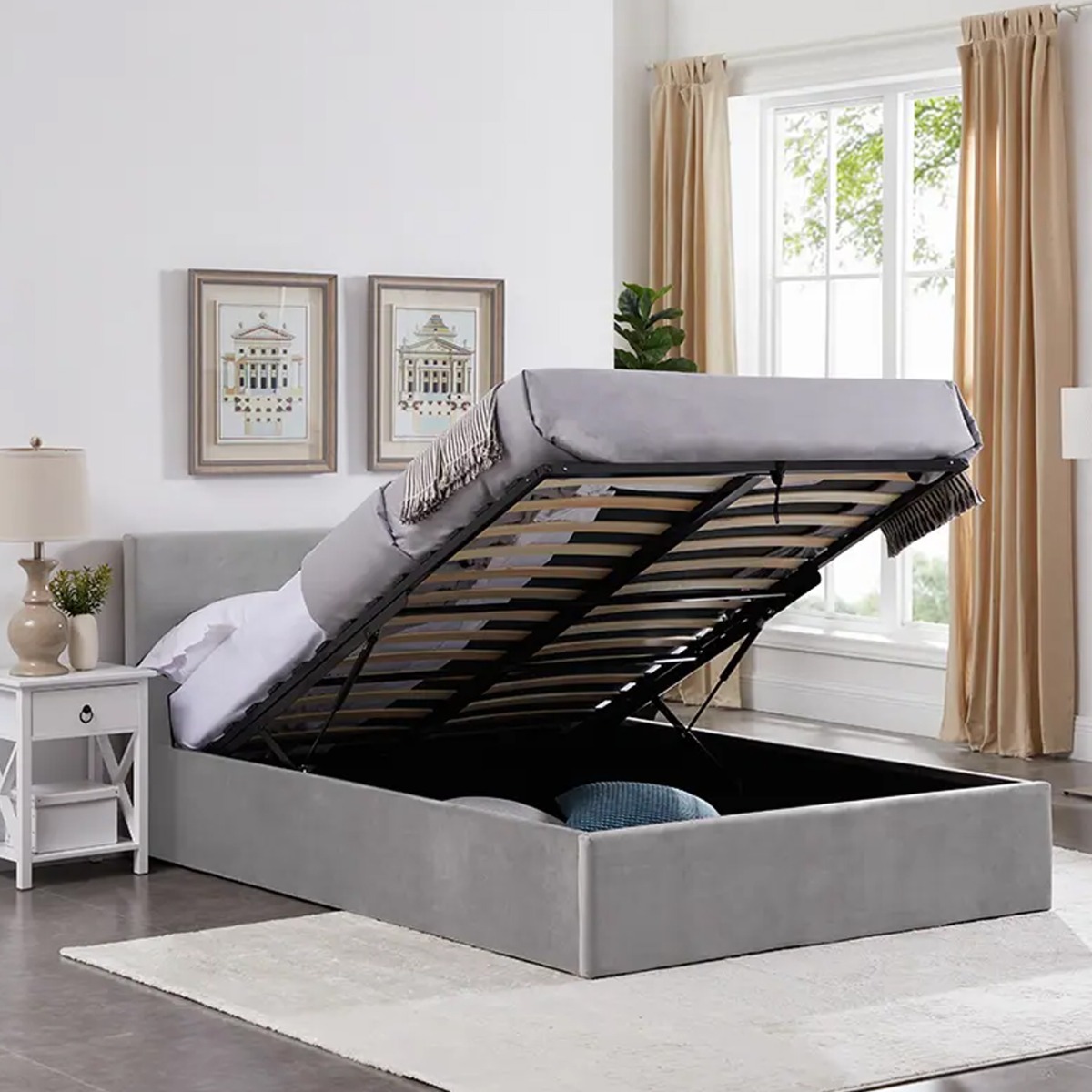 Montana Ottoman Gas Lift Struts Light Grey Woollen Effect Fabric - 4ft6 Double Bed - Beds-To-Go