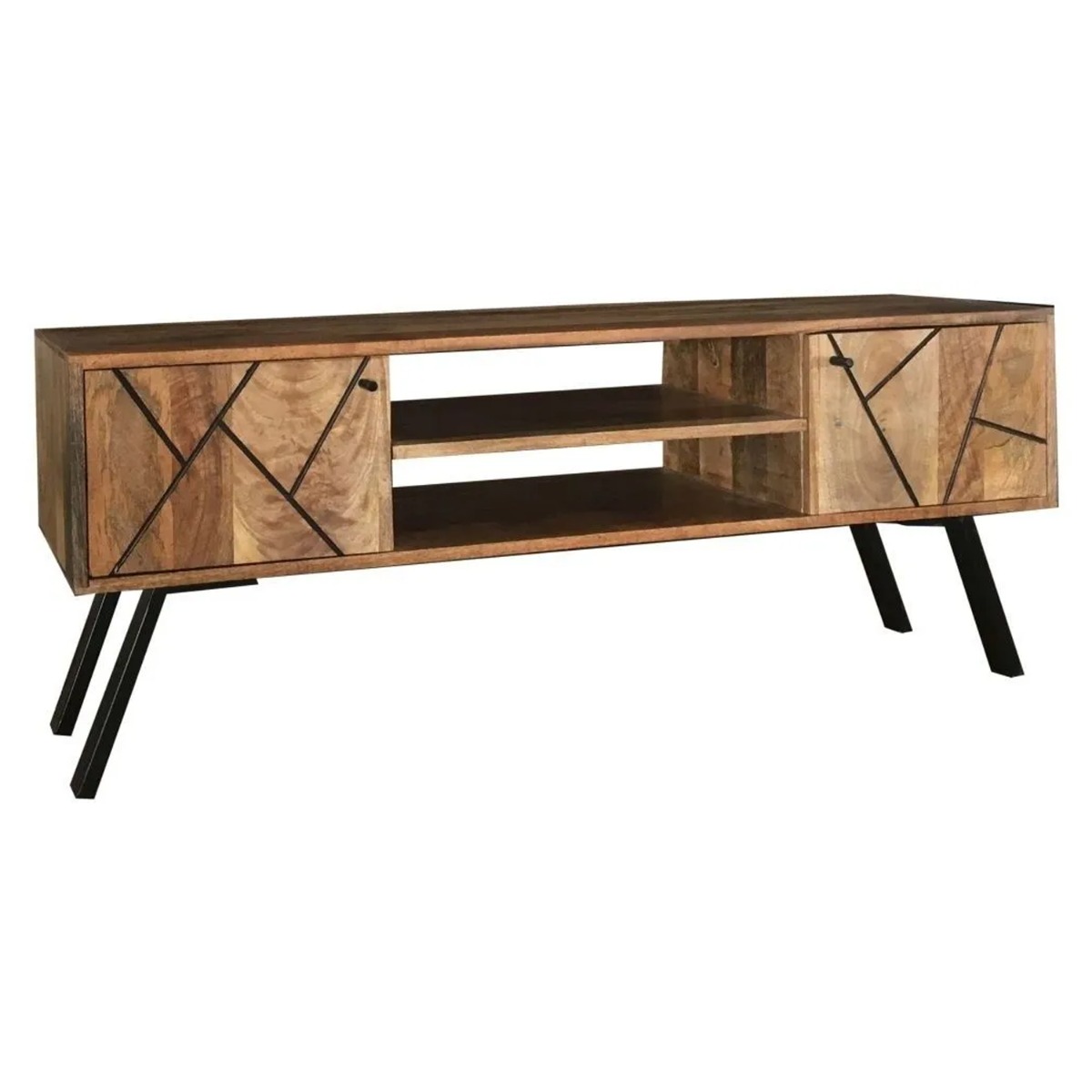 Havant Black Iron Base Retro Style TV Unit with Open Shelf - Mango Wood - Cybil & Clive