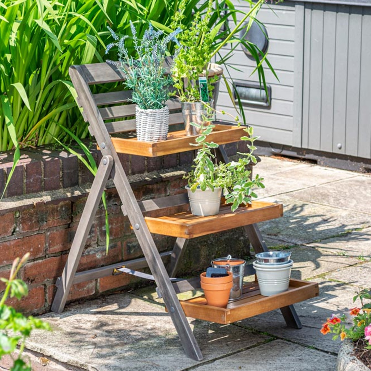 Hardwood Plant Ladder Small - Grey Wash Finish - Etta Gardens