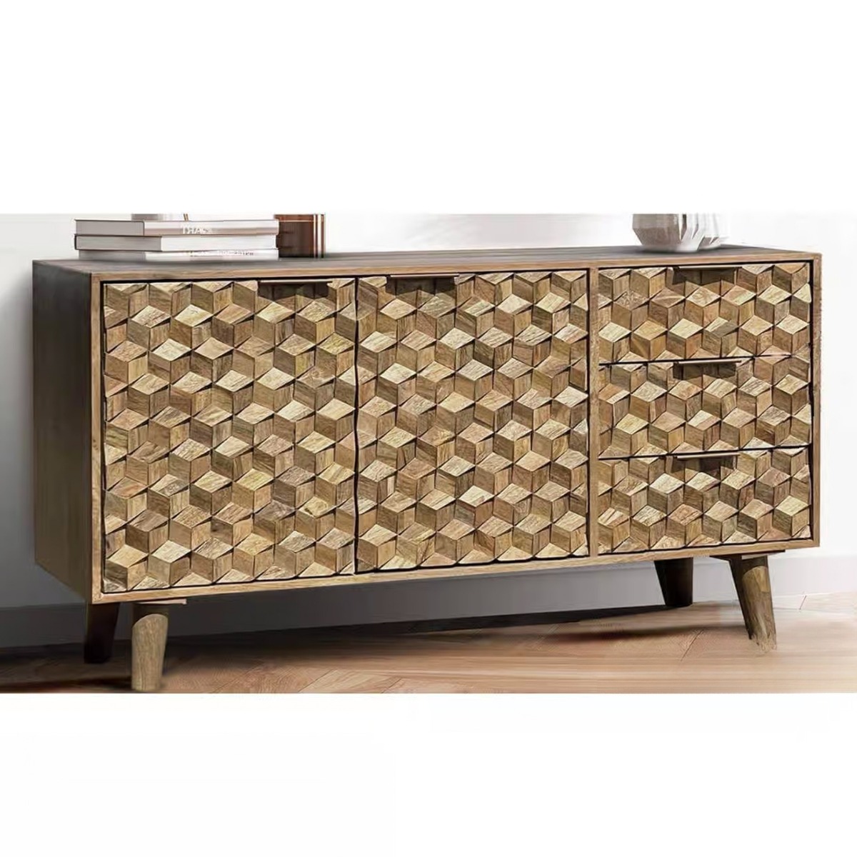 Geometric Design Medium Sideboard with 2 Doors and 3 Drawers - Brown - Cybil & Clive