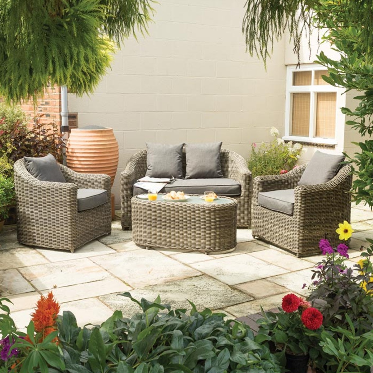 4 Piece Set Weatherproof Rattan Set with Cushions and Frosted Glass Table - Natural Weave - Etta Gardens