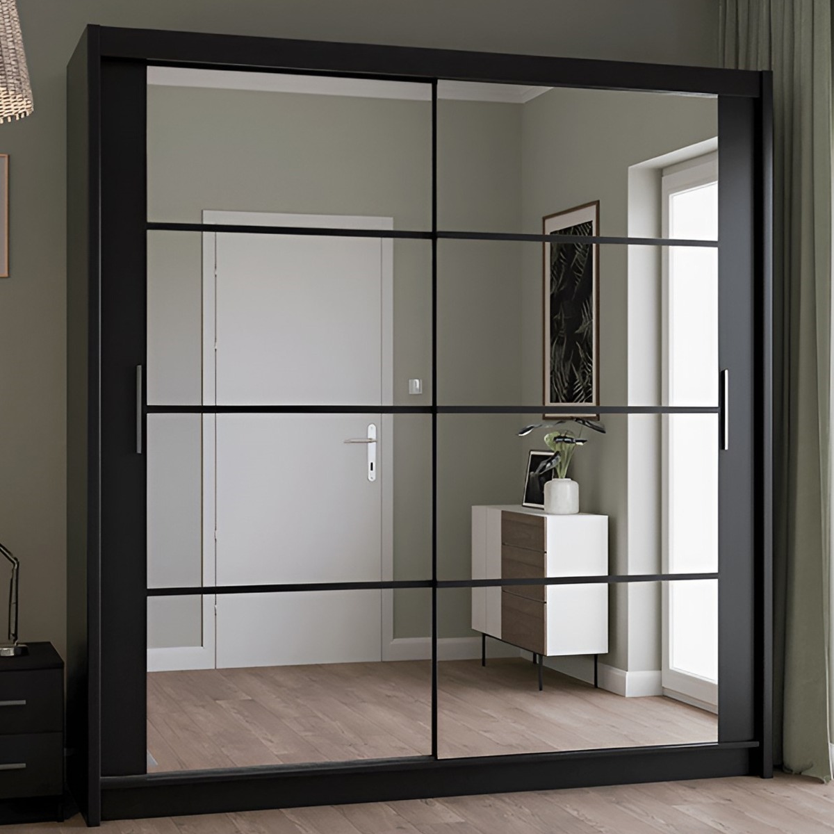 Sliding Wardrobe - DEXTER 2 Door Mirrored Wardrobe Black 203cm - Avellino & Wells