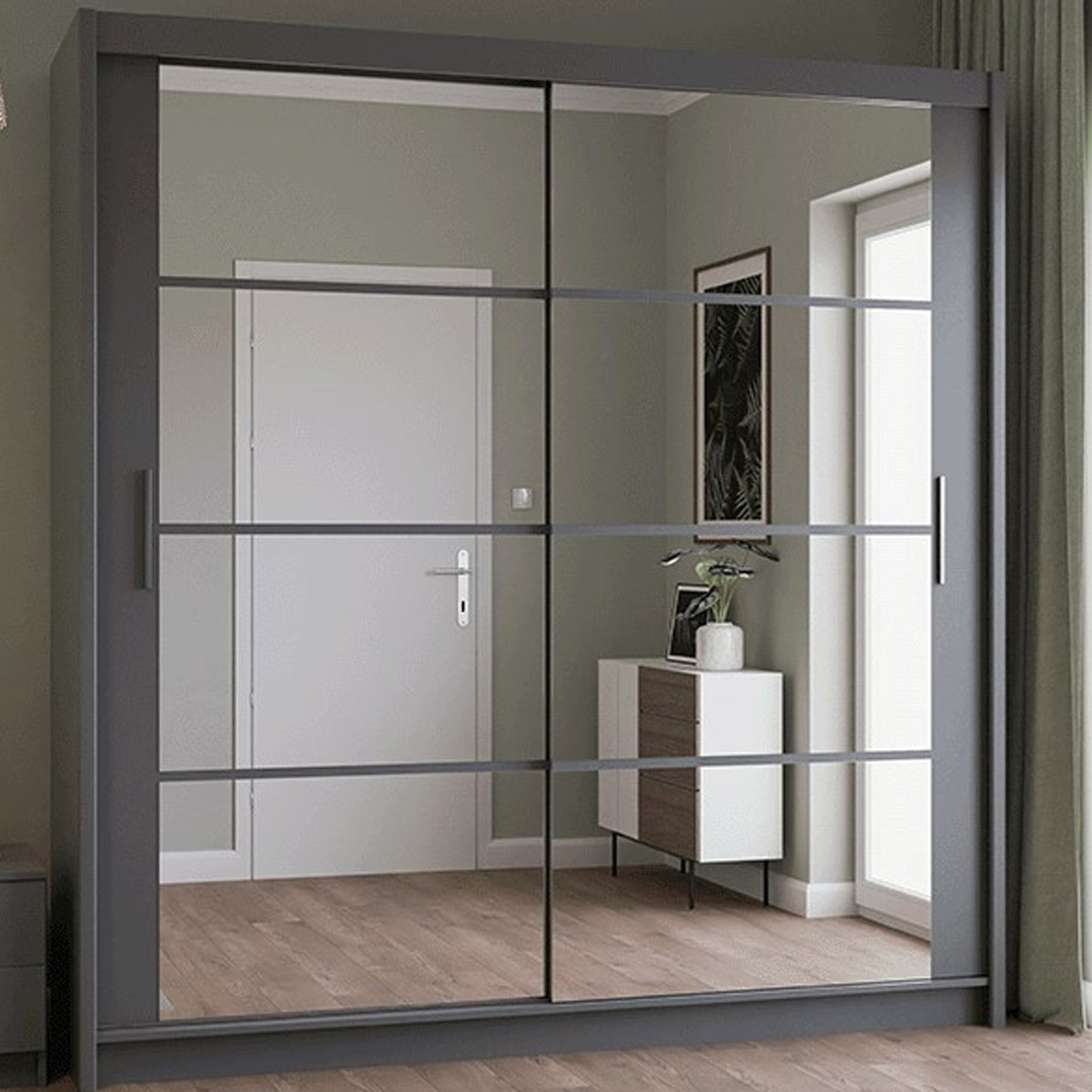 Sliding Wardrobe - DEXTER 2 Door Mirrored Wardrobe Grey 203cm - Avellino & Wells