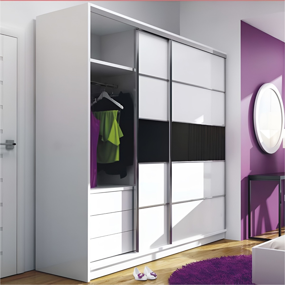 Sliding Wardrobe - DUBLIN 2 Door Wardrobe White with Black Stripe 226cm - Avellino & Wells