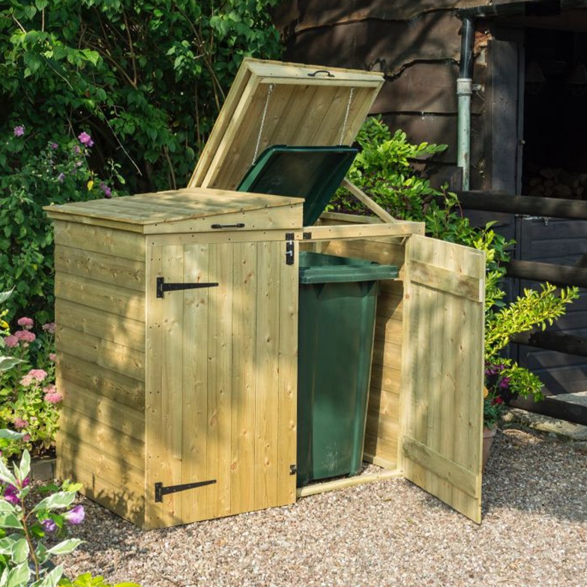 Double Wheelie Bin Store with Apex Roof Fits Two 240L Bins - Pressure Treated Timber - Etta Gardens