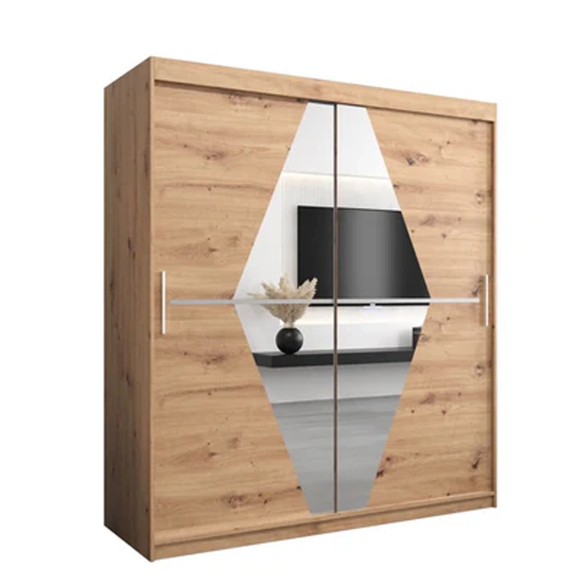 Sliding Wardrobe - SPURDLE 2 Door Mirrored Wardrobe Oak Artisan 180cm - Art Nest