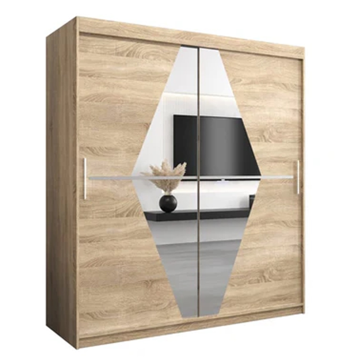 Sliding Wardrobe - SPURDLE 2 Door Mirrored Wardrobe Oak Sonoma 180cm - Art Nest