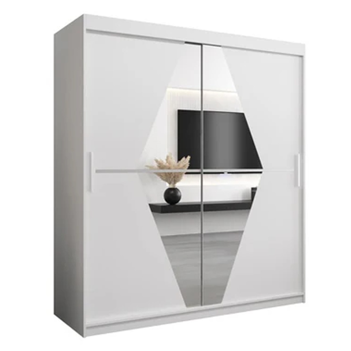 Sliding Wardrobe - SPURDLE 2 Door Mirrored Wardrobe White 180cm - Art Nest