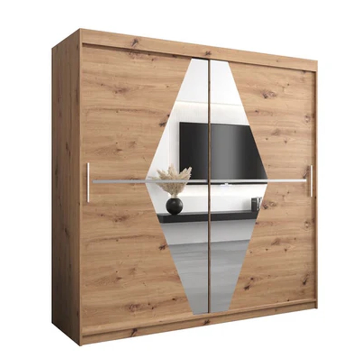 Sliding Wardrobe - SPURDLE 2 Door Mirrored Wardrobe Oak Artisan 200cm - Art Nest