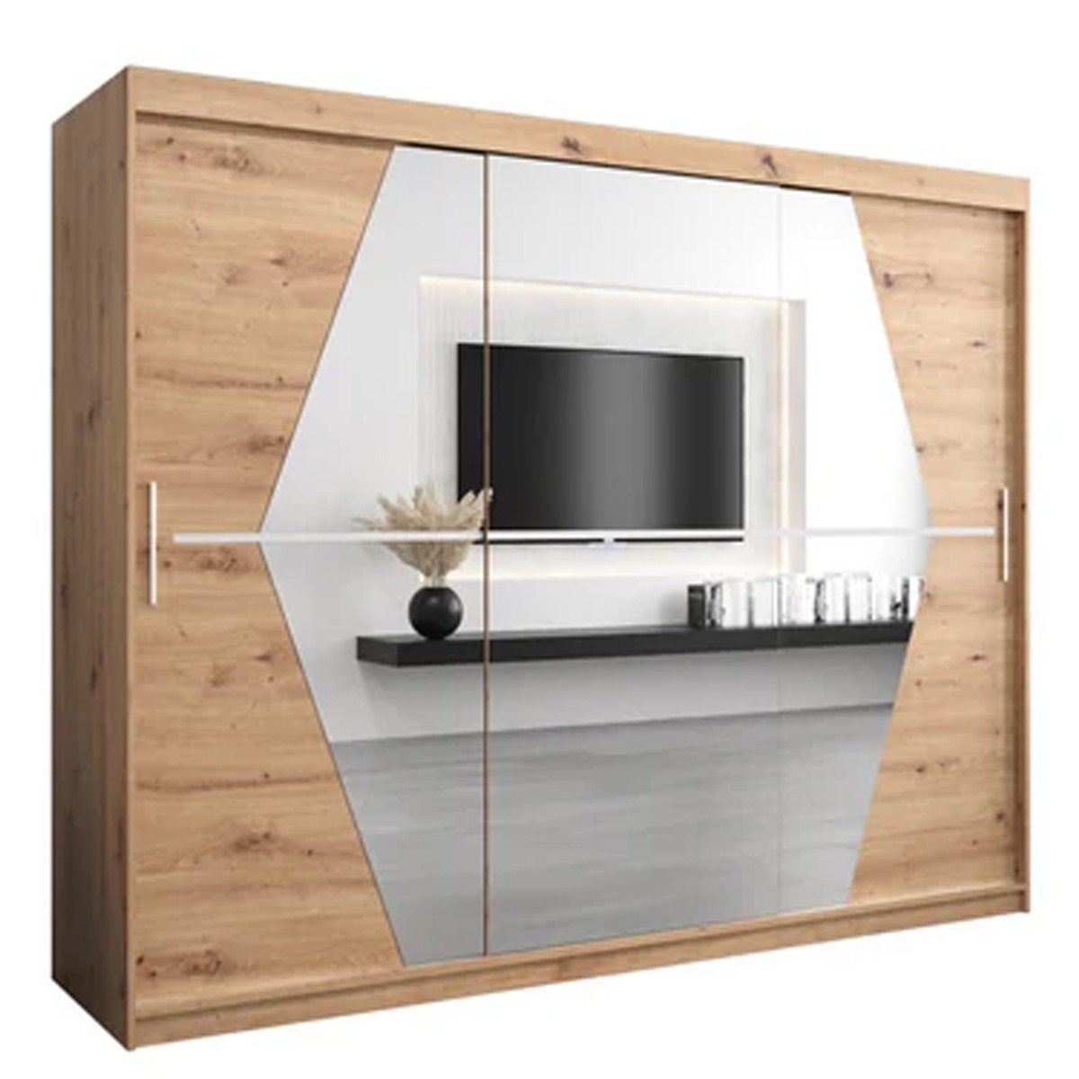 Sliding Wardrobe - SPURDLE 3 Door Mirrored Wardrobe Oak Artisan 250cm - Art Nest