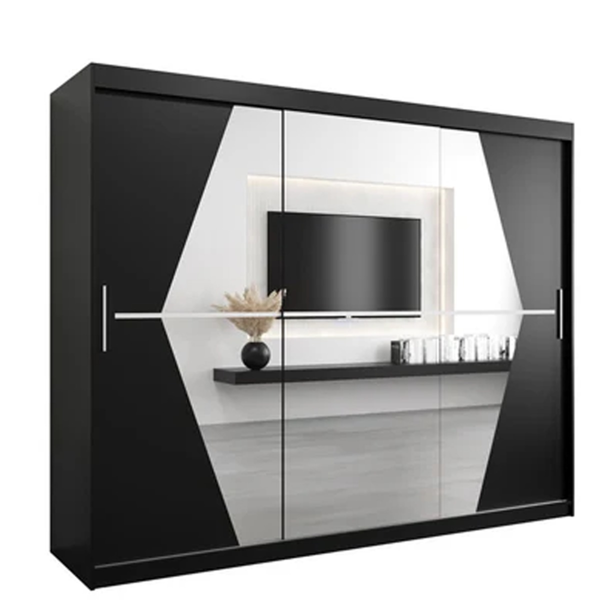 Sliding Wardrobe - SPURDLE 3 Door Mirrored Wardrobe Black 250cm - Art Nest