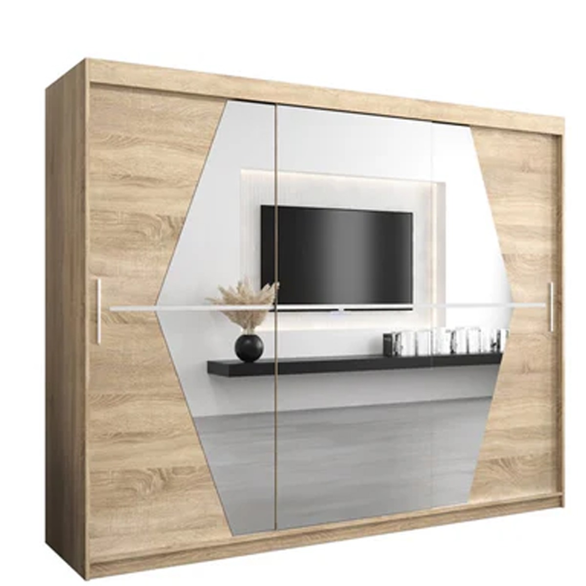 Sliding Wardrobe - SPURDLE 3 Door Mirrored Wardrobe Oak Sonoma 250cm - Art Nest