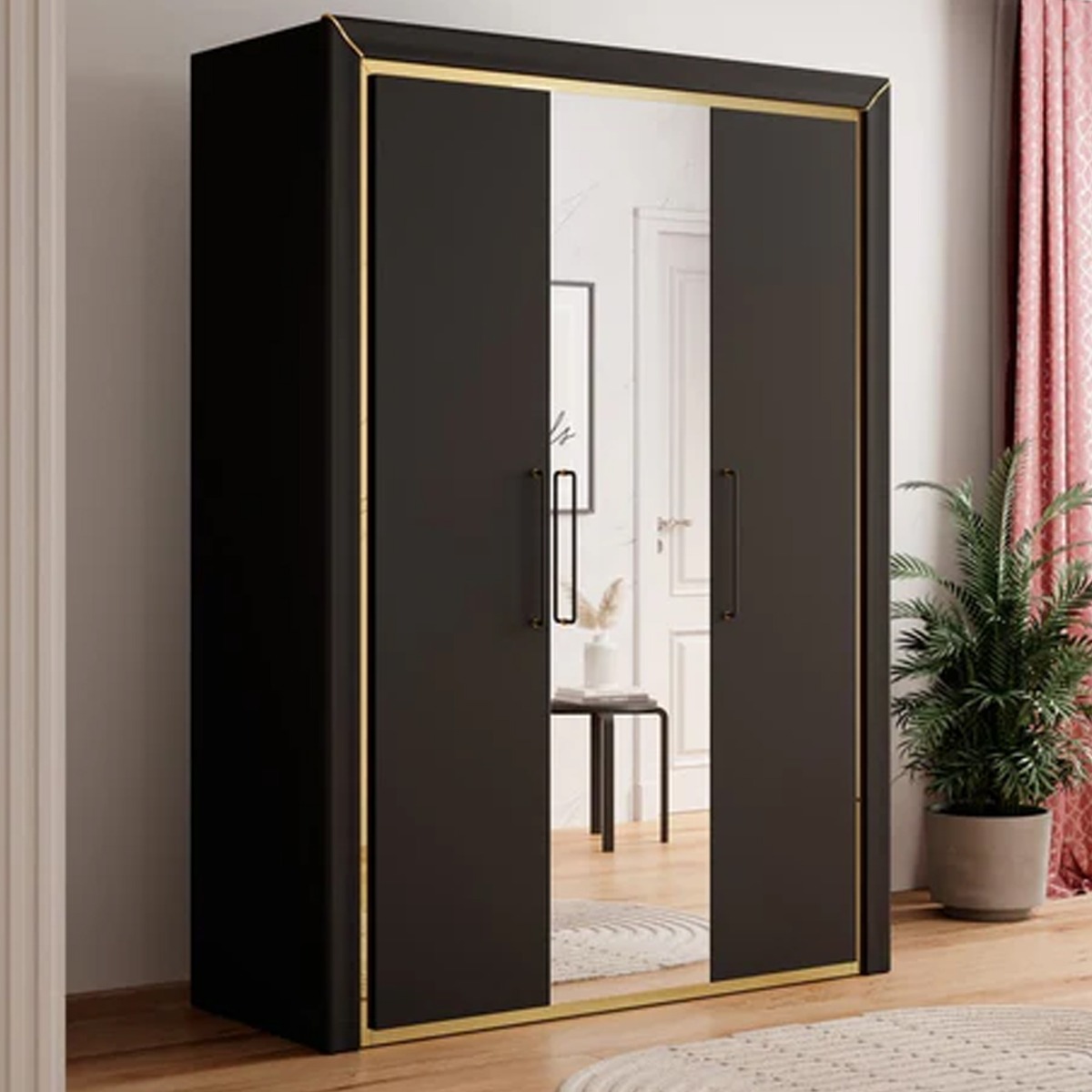 Wardrobe - ANALDA 3 Door Mirrored Wardrobe Black 155cm - Art Nest