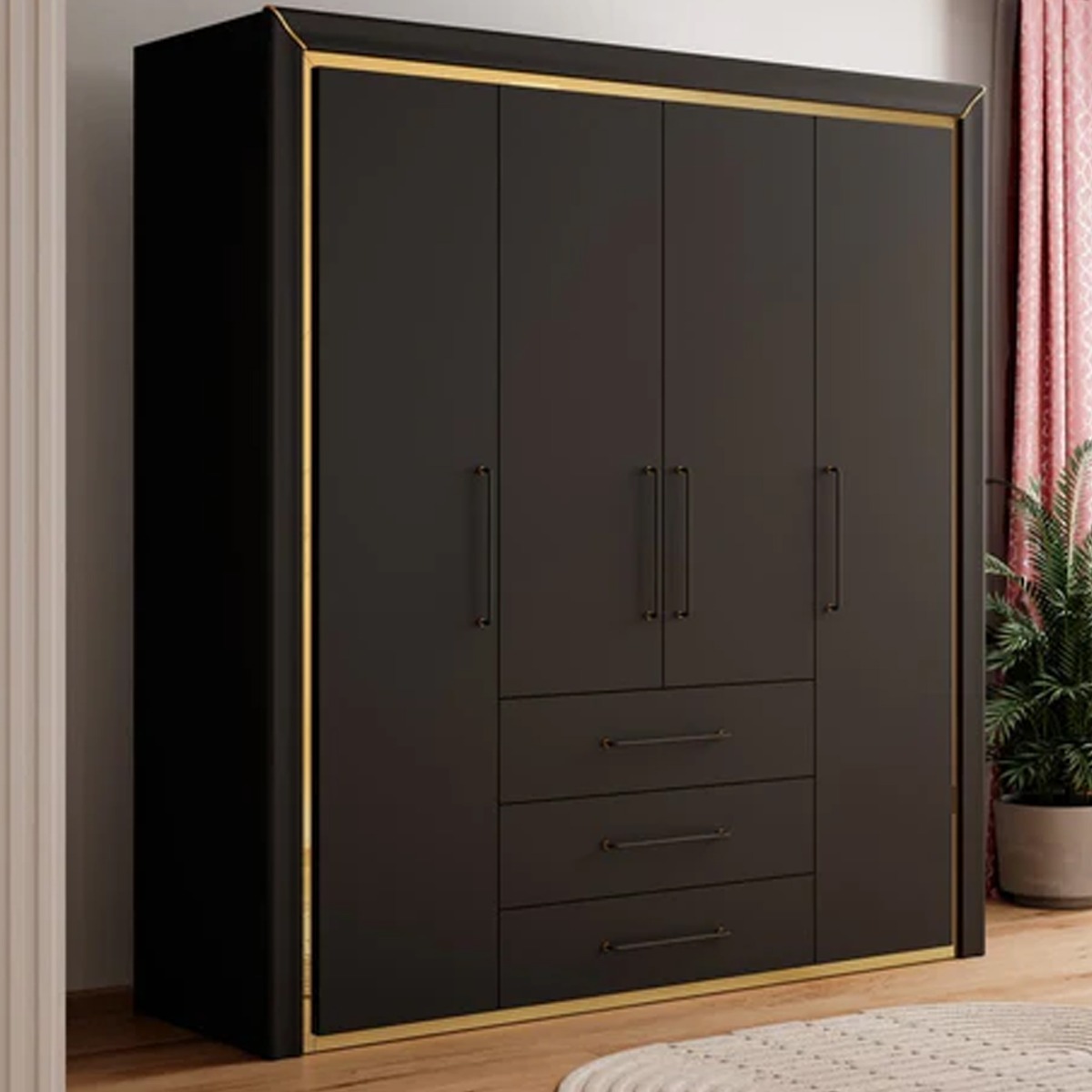 Wardrobe - ANALDA 4 Door Wardrobe Black 199cm - Art Nest