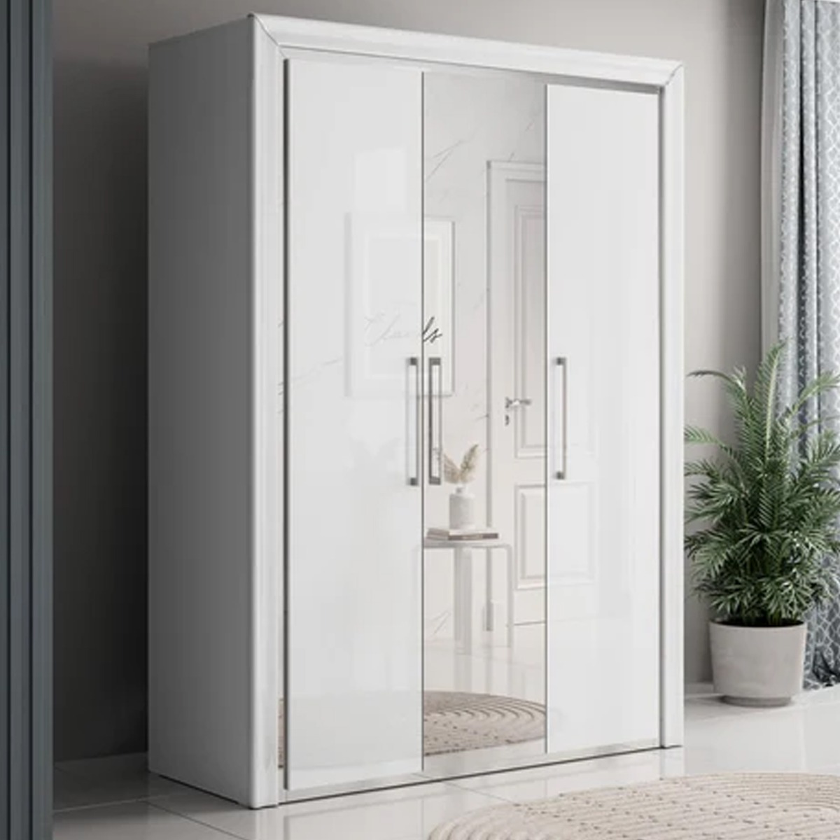 Wardrobe - ANALDA 3 Door Mirrored Wardrobe White 155cm - Art Nest