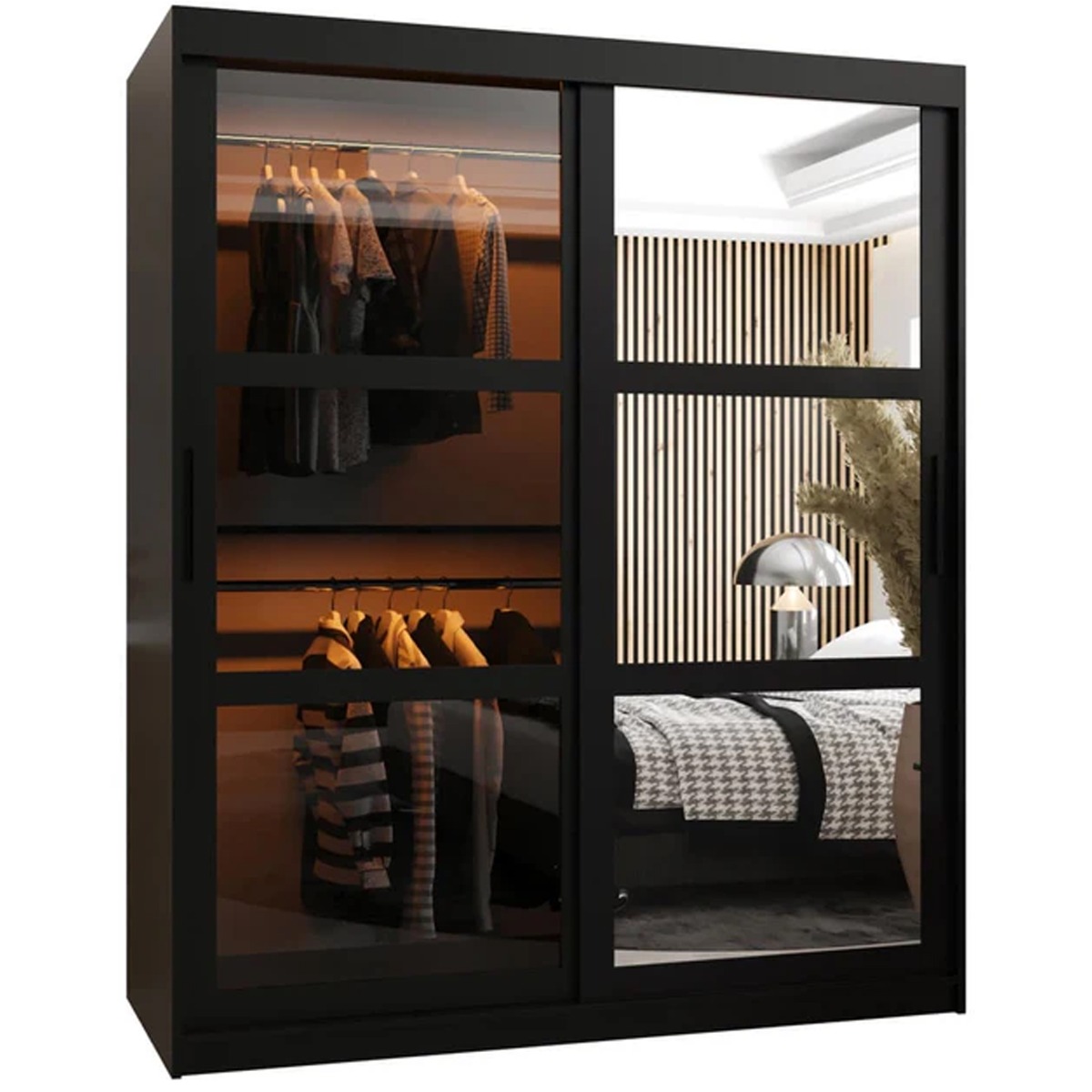 Sliding Wardrobe - SMOKY 2 Door Mirrored Wardrobe Black 150cm - Art Nest