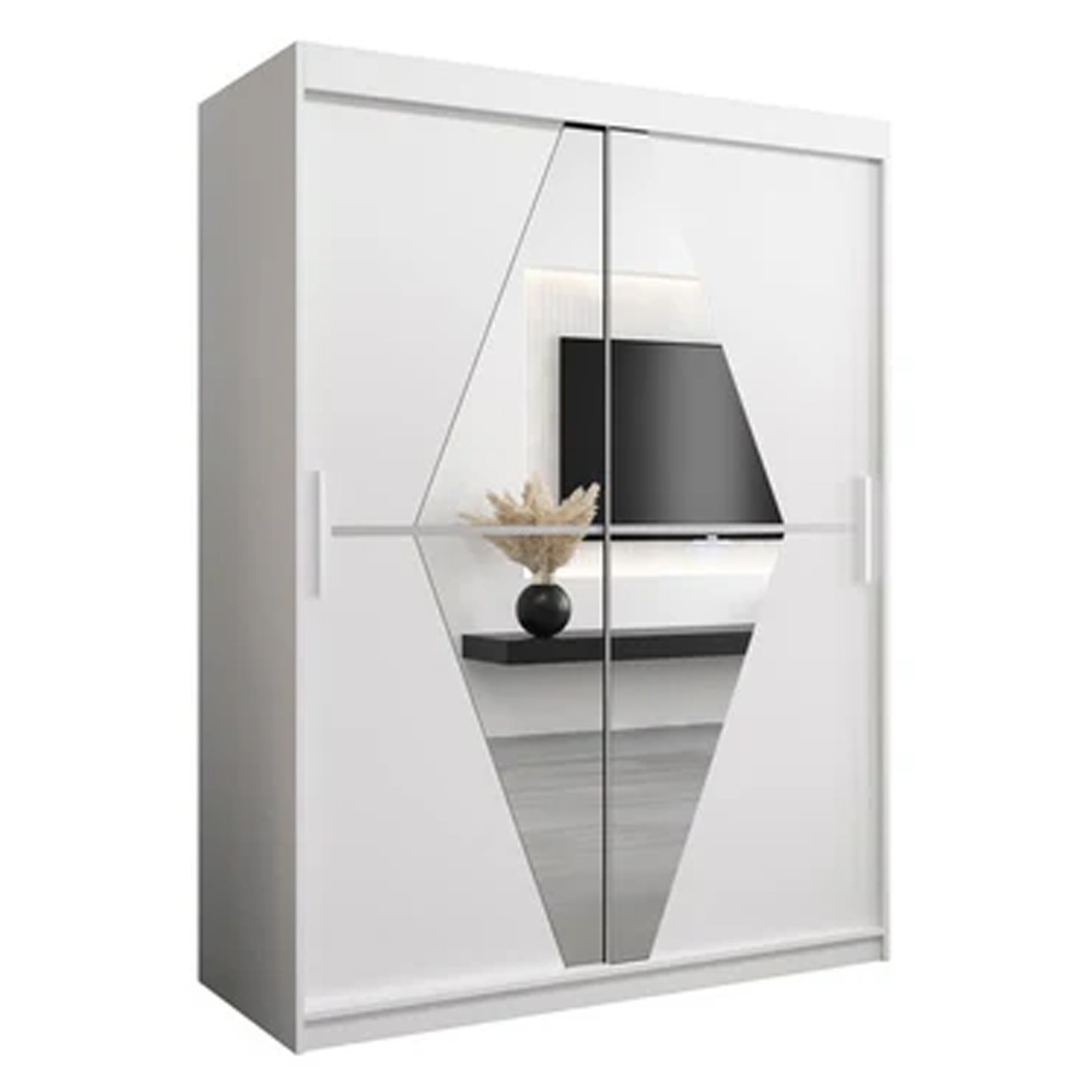 Sliding Wardrobe - SPURDLE 2 Door Mirrored Wardrobe White 150cm - Art Nest