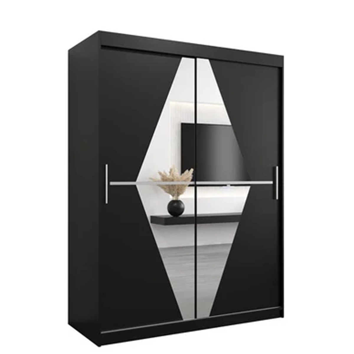 Sliding Wardrobe - SPURDLE 2 Door Mirrored Wardrobe Black 150cm - Art Nest