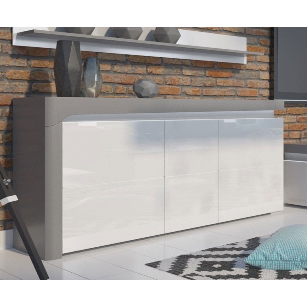 Barron High Gloss 3 Door Sideboard With Lights - Grey And White - Dalton Home
