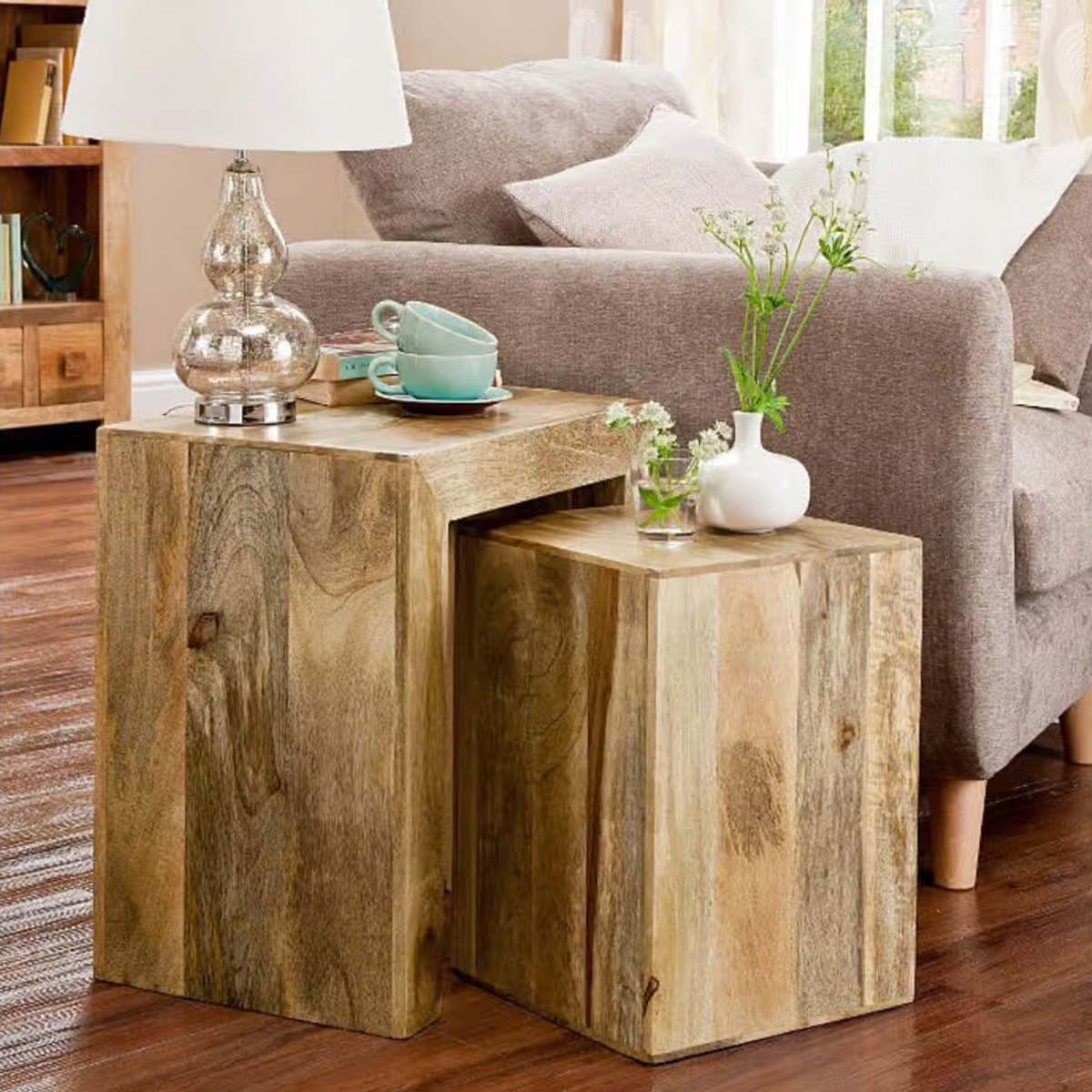 Delta Mango Wood Cube Nest Of 2 Tables - Light Wood Tone - Cybil & Clive