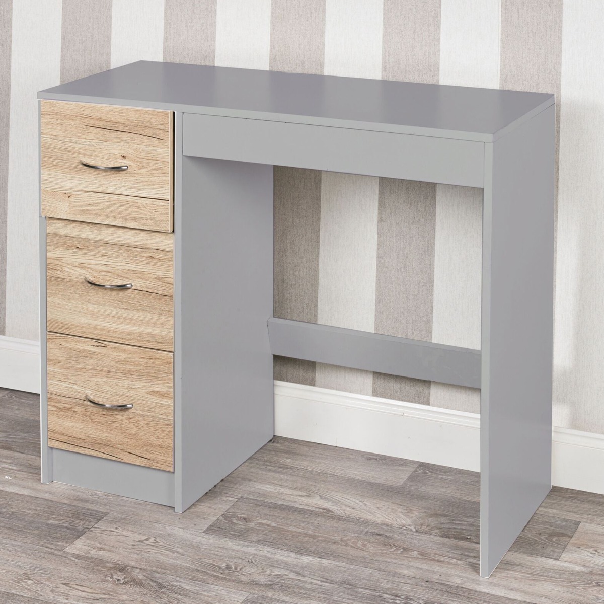 3 Drawer Wooden Computer Desk - Grey Carcass with Oak Drawers - Bedroom & More