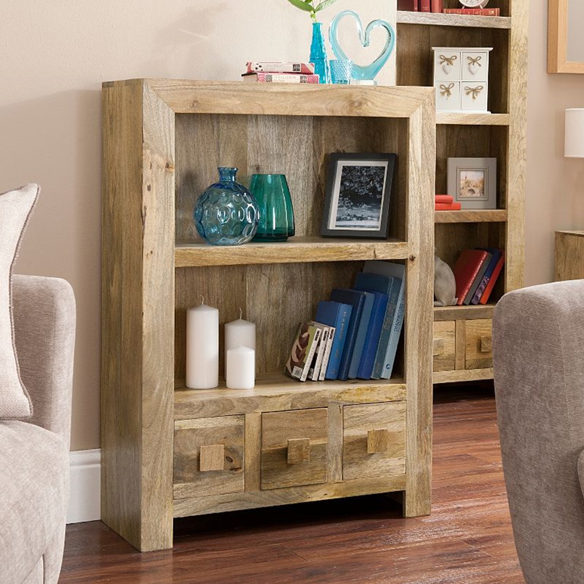 Delta Light Mango Wood Small Bookcase with Drawers and Shelf - Light Wood Tone - Cybil & Clive