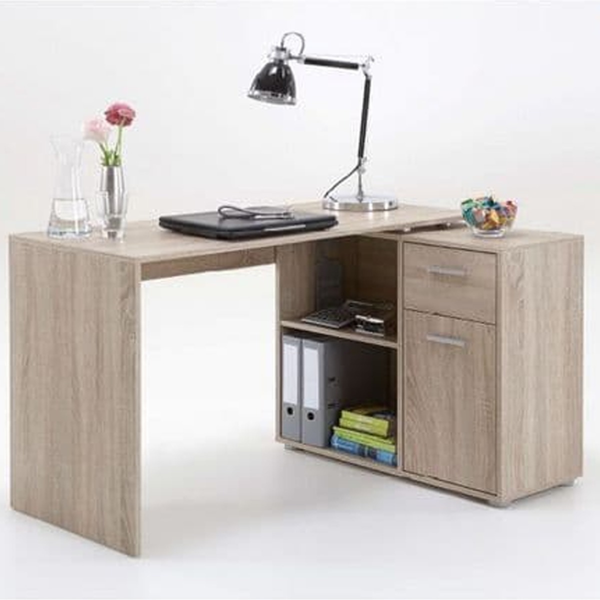 Berwick Corner Flexi Desk with Door, Drawer and Open Shelf - Oak Effect - Dalton Home