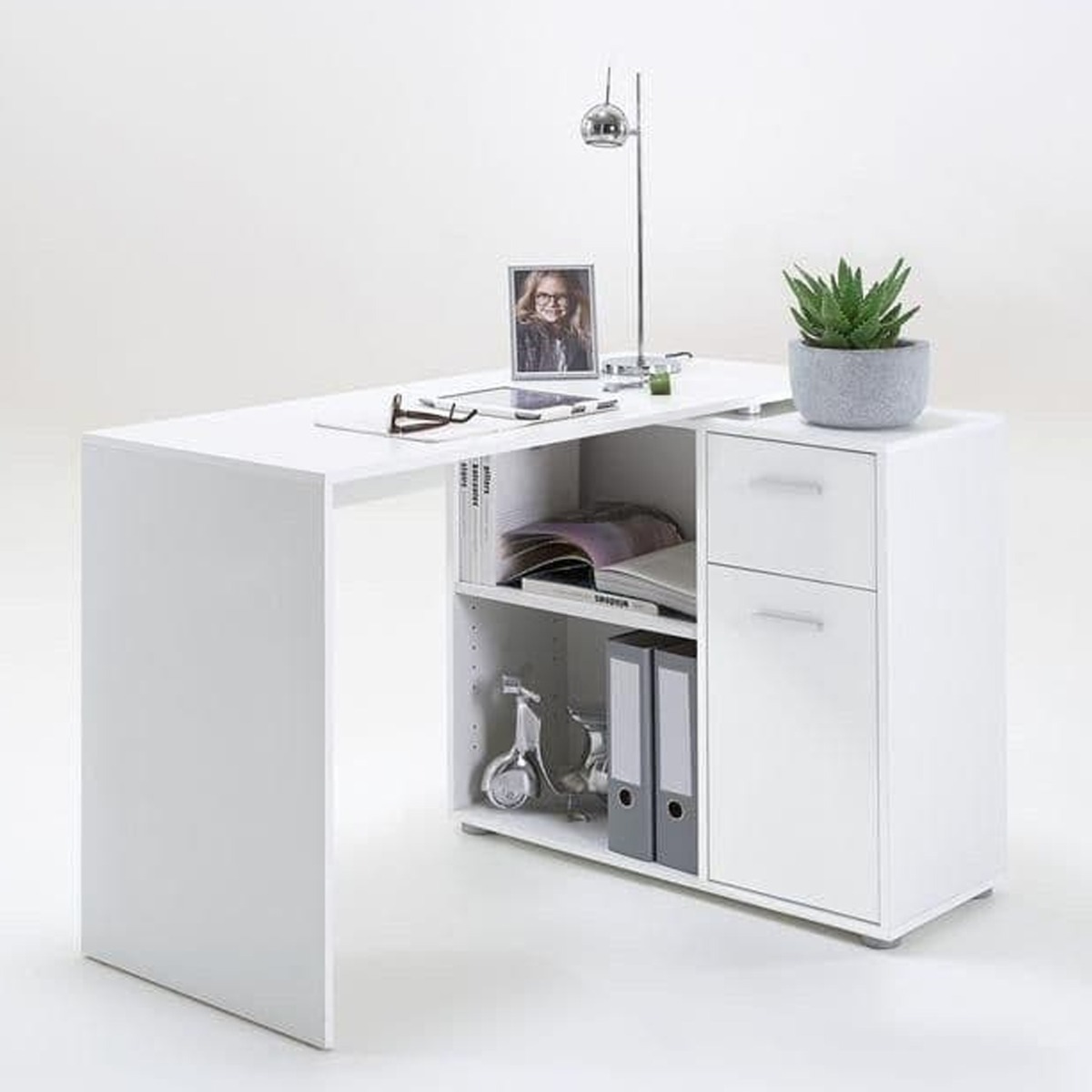 Berwick Corner Flexi Desk with Door, Drawer and Open Shelf - White - Dalton Home