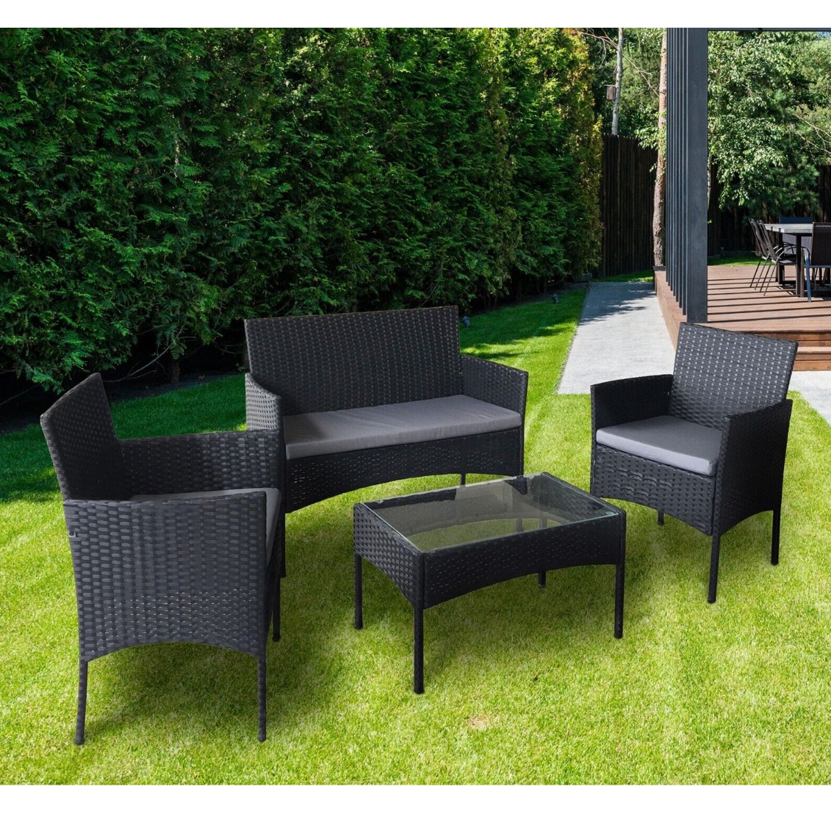 Outdoor Garden Rattan 4pcs Table and Chairs Set - Black - Bedroom & More