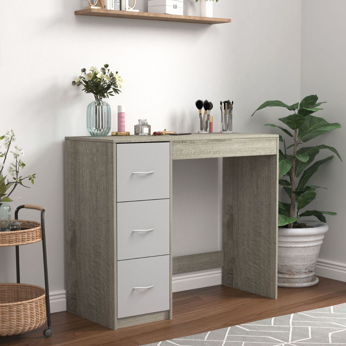 3 Drawer Wood Computer Desk Ash Grey Carcass with Grey Drawer - Bedroom & More