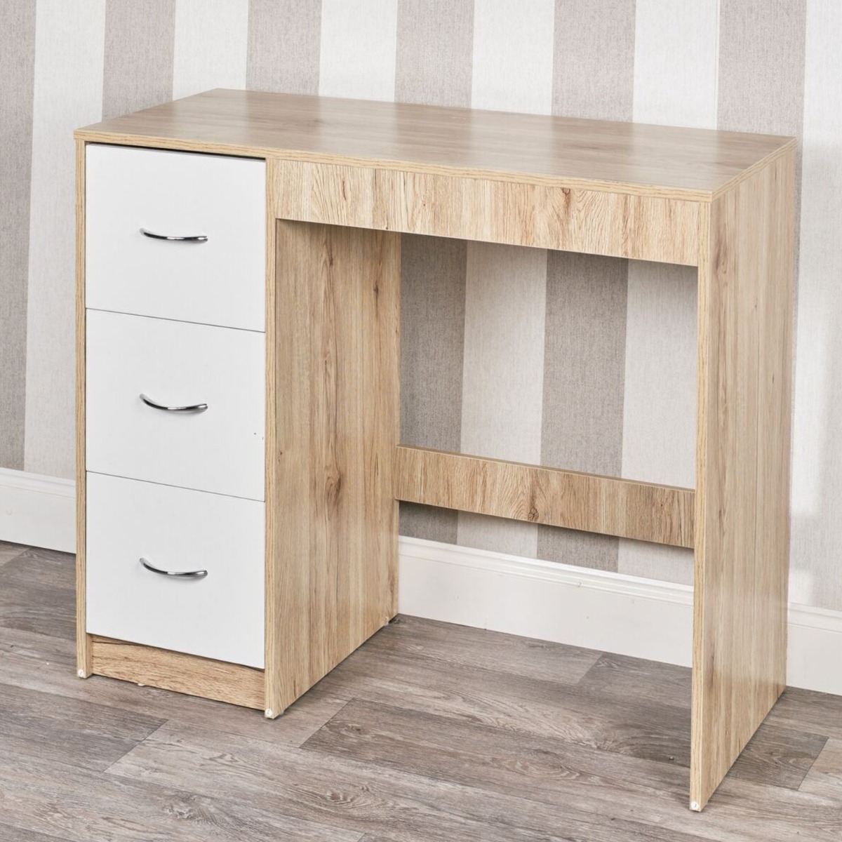 3 Drawer Wood Computer Desk Oak Carcass with White Drawers - Bedroom & More