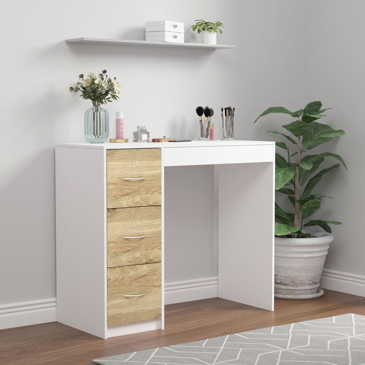 3 Drawer Wooden Computer Desk White Carcass with Oak Drawers - Bedroom & More