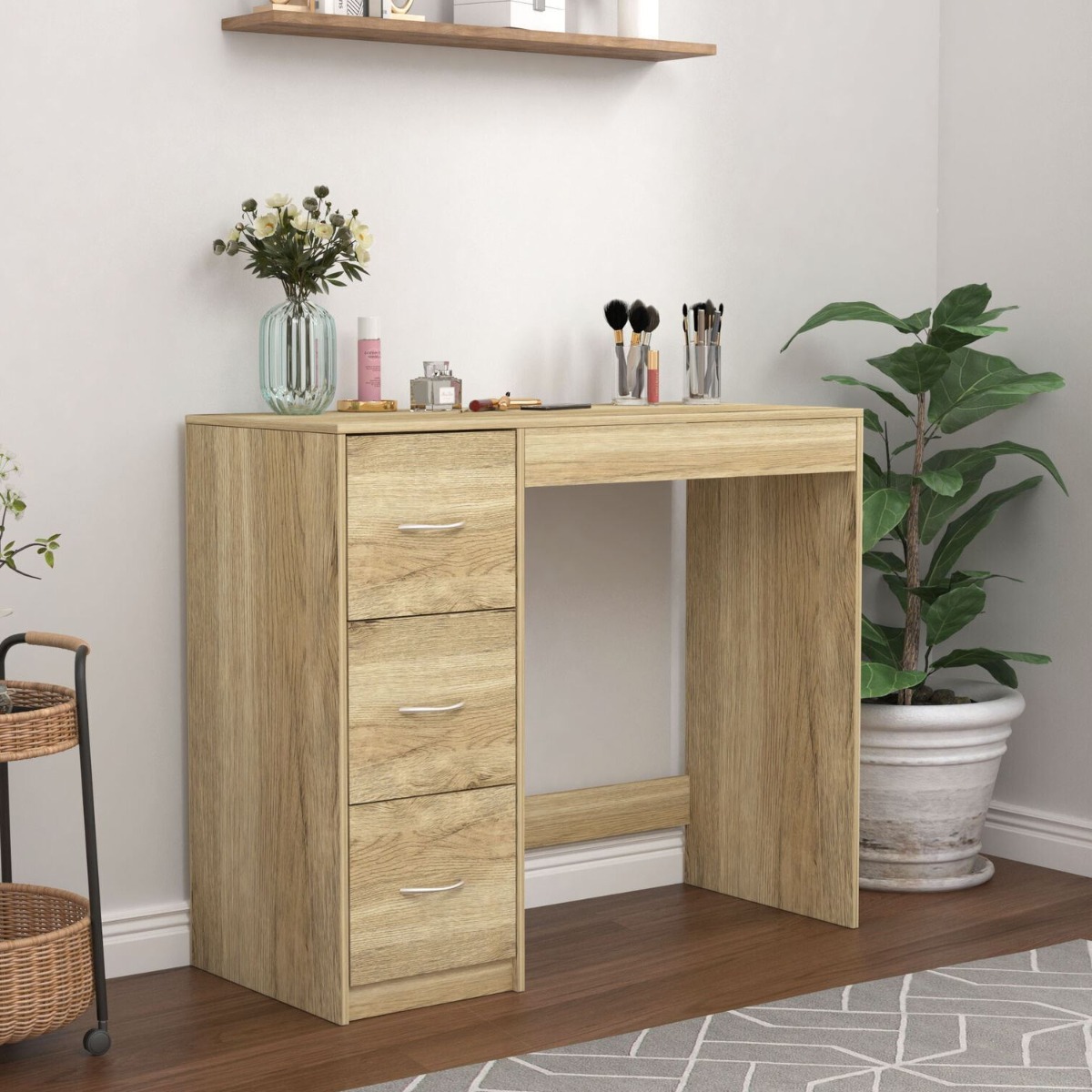 3 Drawer Wooden Computer Desk Oak Carcass with Oak Drawers - Bedroom & More