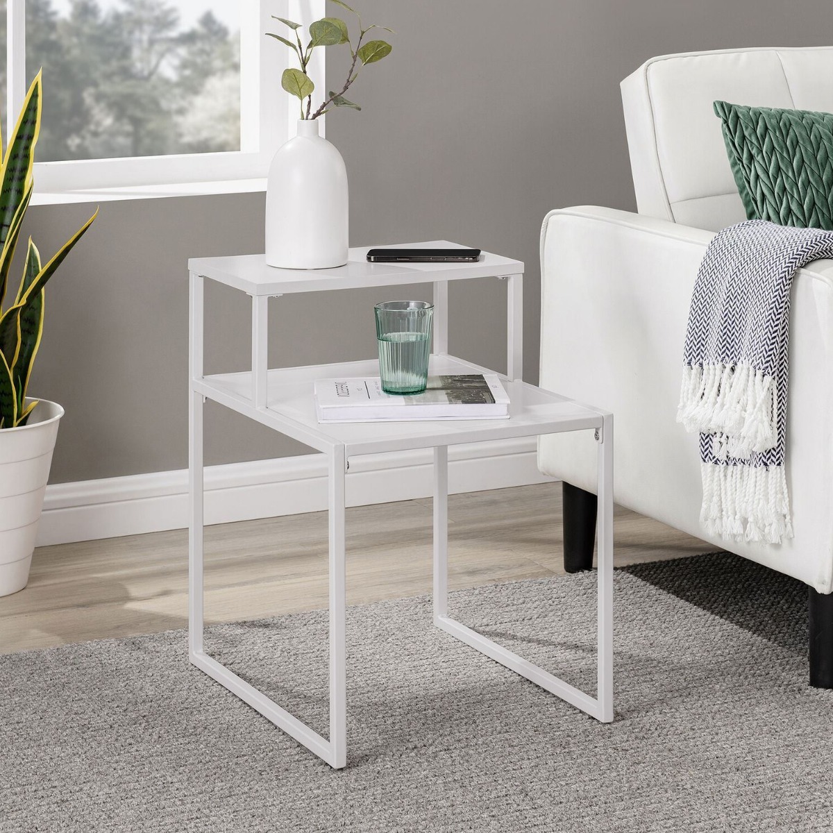 2 Tier Solid Metal Frame Rustic Industrial Wood Side End Table - White - Bedroom & More