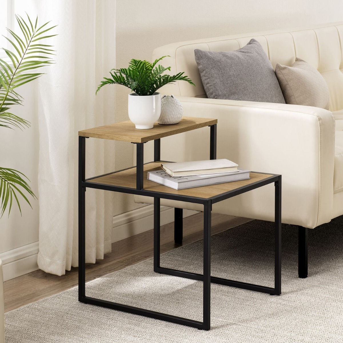 2 Tier Solid Metal Frame Rustic Industrial Wood Side End Table - Brown - Bedroom & More