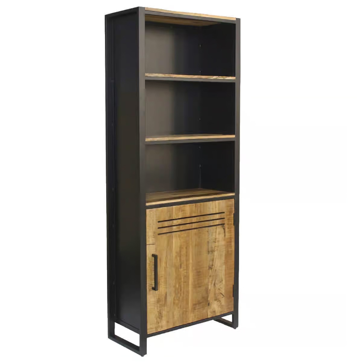 Industrial Style Mango Wood Bookcase with Door and Shelves - Black and Brown - Cybil & Clive