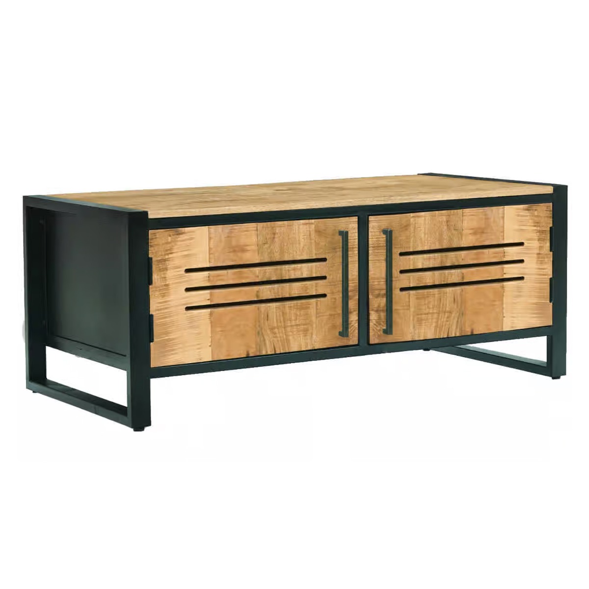 Industrial Style Mango Wood 100cm Coffee Table with 2 Door - Black and Brown - Cybil & Clive