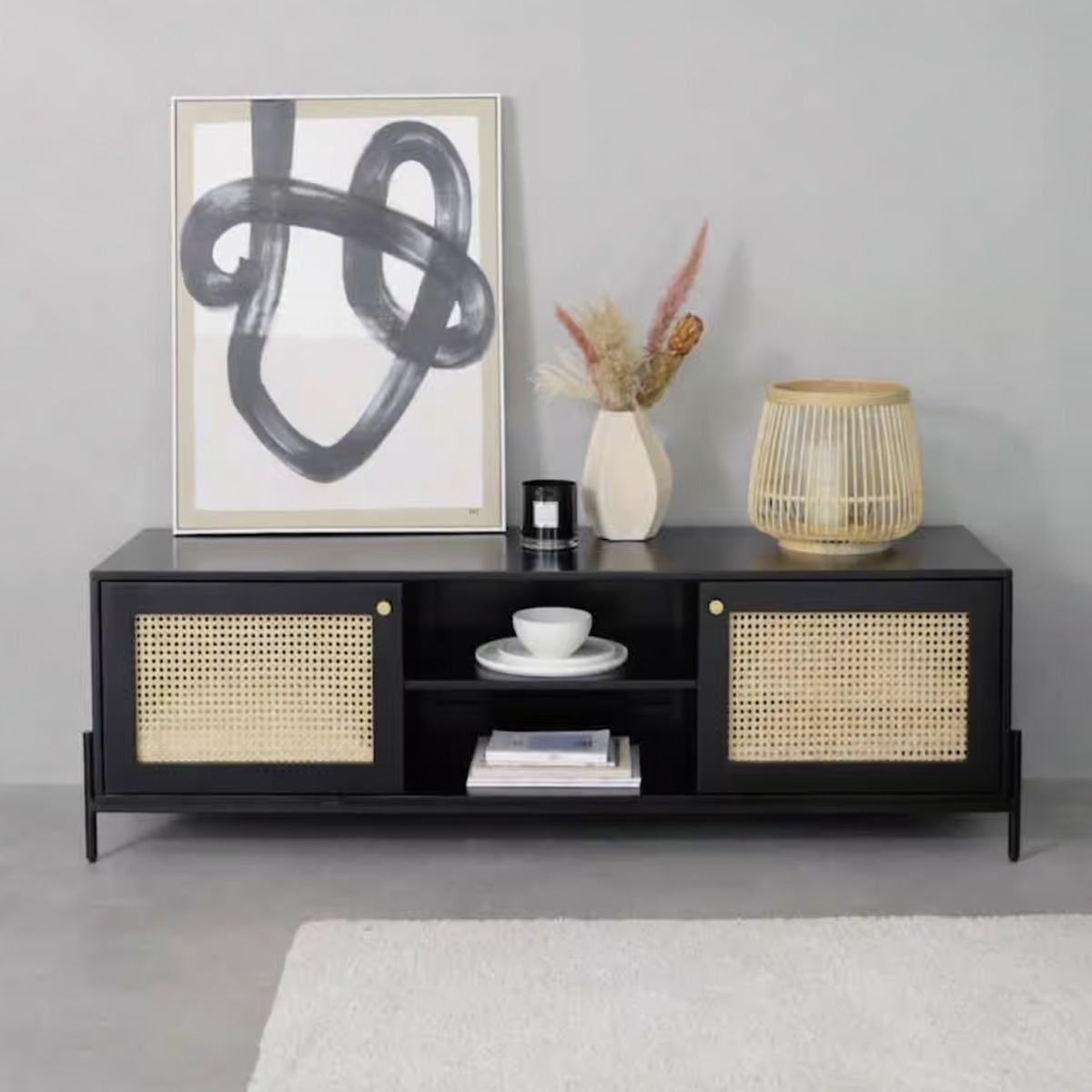 Rattan Design Dark Mango Wood TV Unit 145cm with 2 Doors and Open Shelf - Black - Cybil & Clive